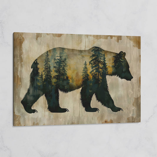 Bear Silhouette Forest Canvas with Double Exposure Design on gallery wrap