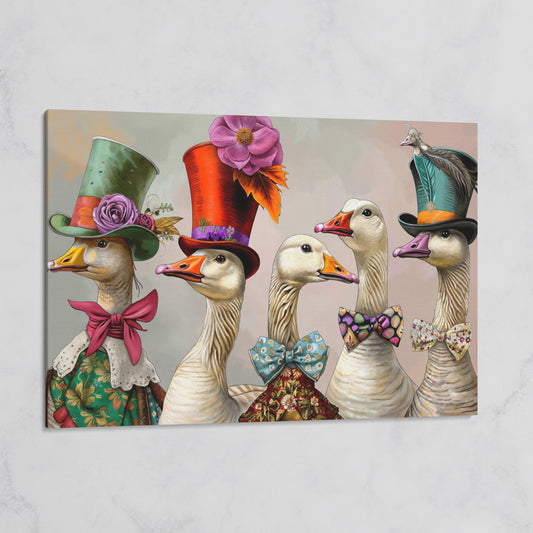 Victorian Geese Canvas Wall Art with Bowties and Hats on gallery wrap