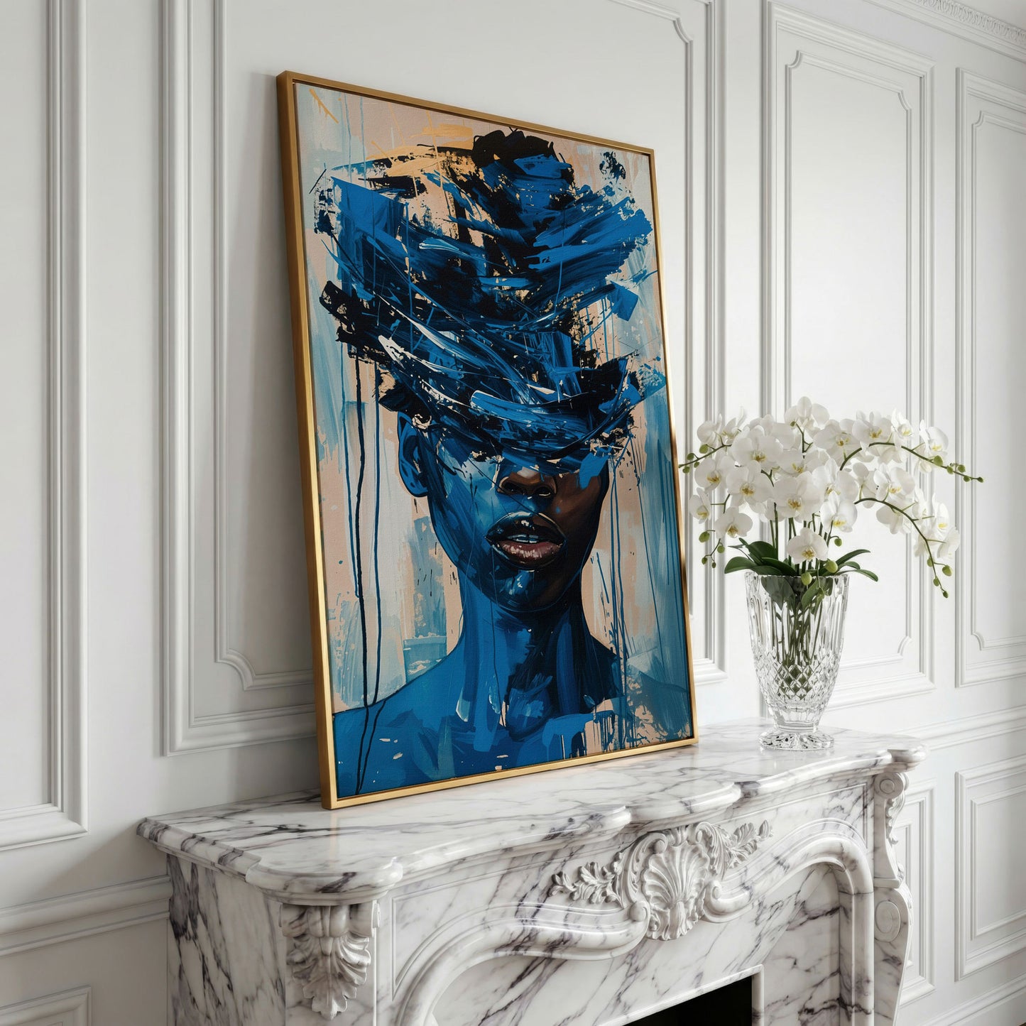 Abstract Black Woman Face Portrait Canvas Wall Art in yellow gold floating frame