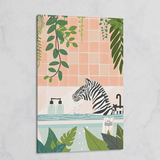 Zebra in Bathtub with Tropical Leaves Canvas Print on gallery wrap
