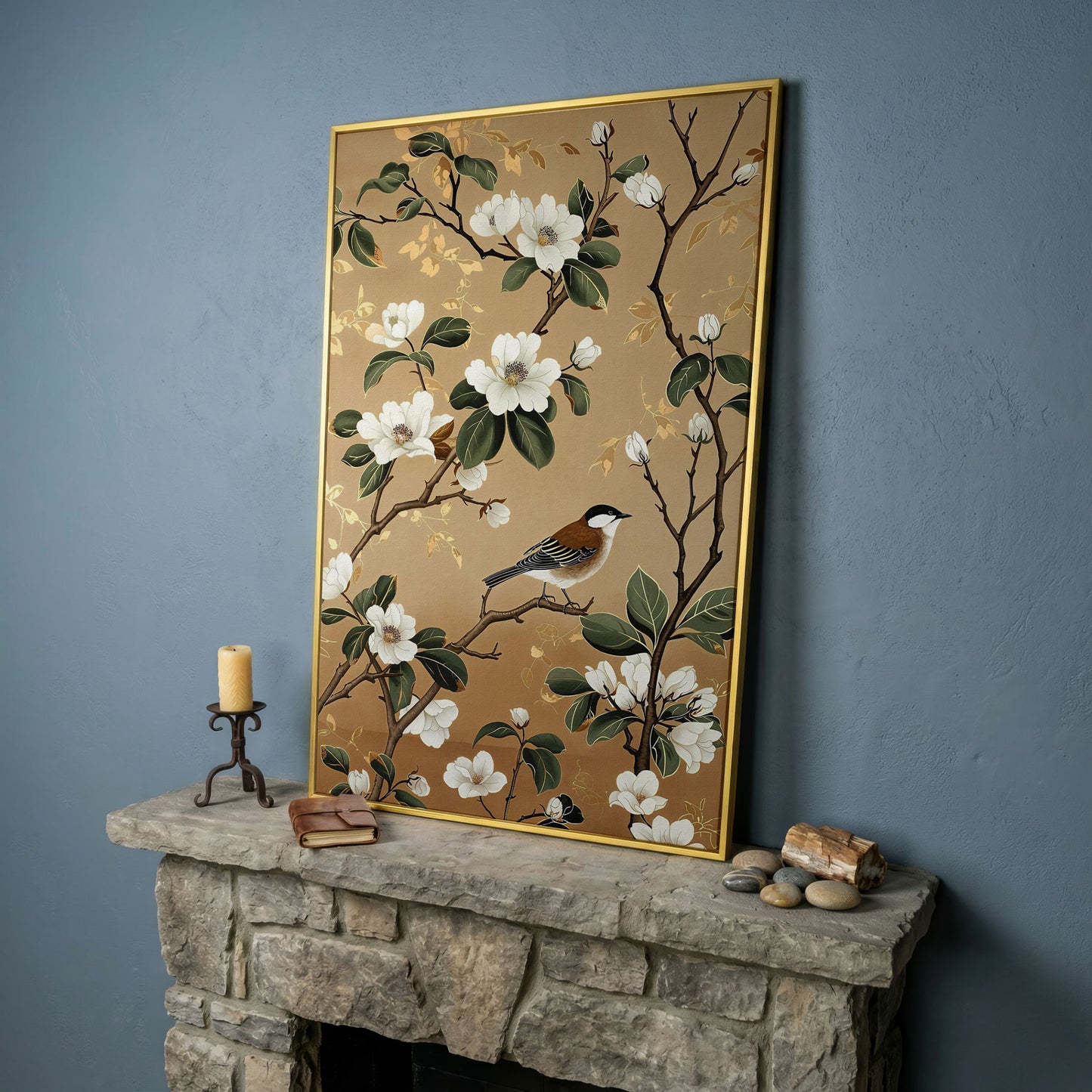 Bird on Magnolia Branch Canvas Art, Botanical Wall Art in yellow gold floating frame