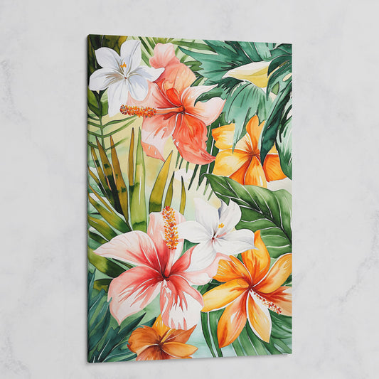 Tropical Hibiscus Floral Canvas Wall Art, Dense Botanical Blooms on gallery wrap