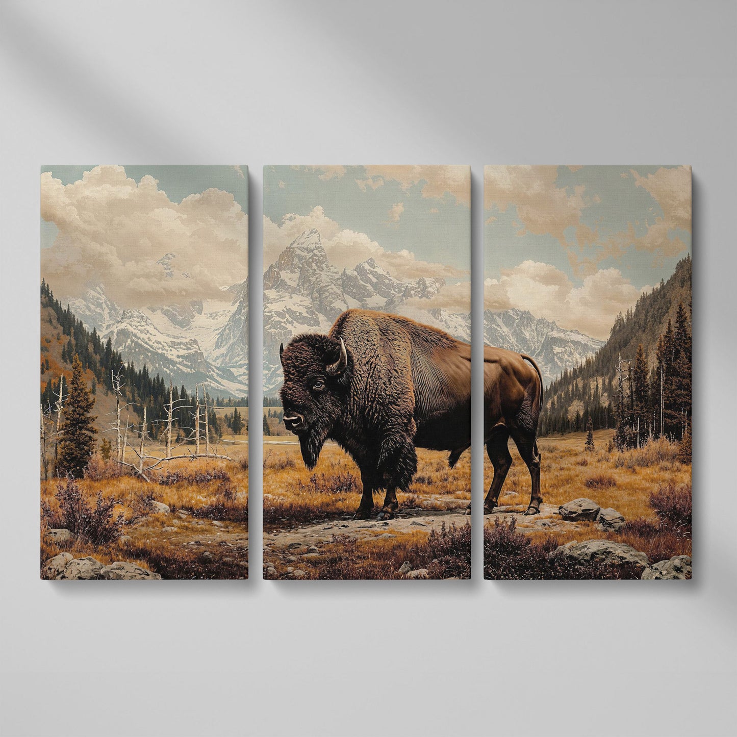 American Bison in Autumn Mountains Canvas Wall Art as 3-panel split version