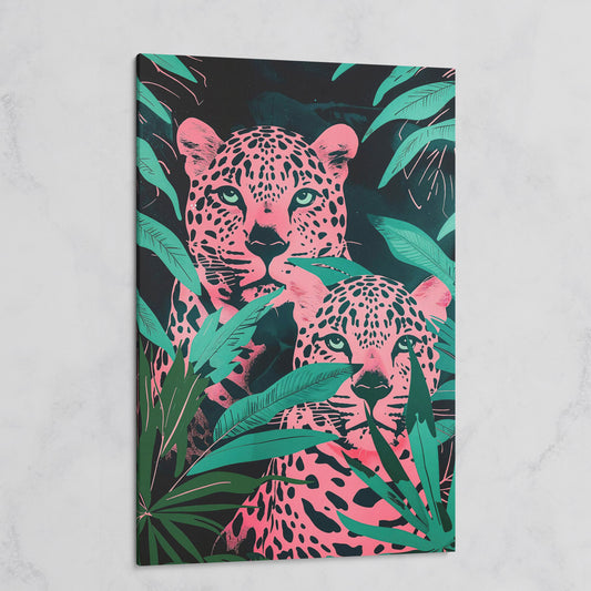 Jungle Leopards with Pink Tropical Leaves Canvas on gallery wrap
