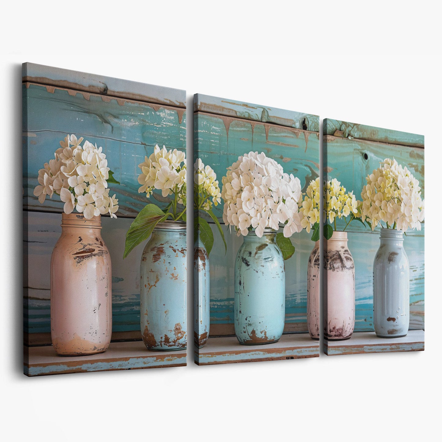 Hydrangeas in Distressed Mason Jars Canvas Wall Art as 3-panel split version