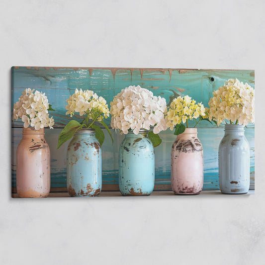 Hydrangeas in Distressed Mason Jars Canvas Wall Art on gallery wrap