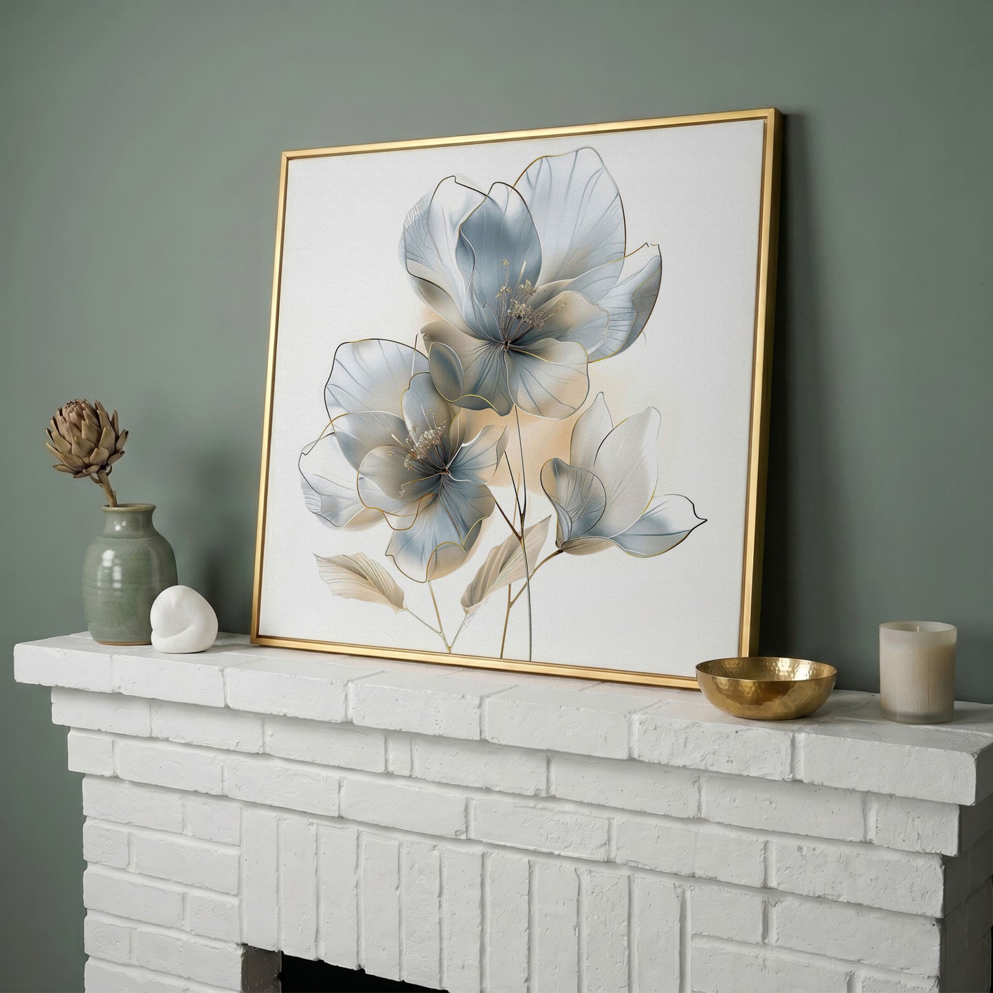 Three Abstract Floral Blossoms Canvas Wall Art in Soft Tones in yellow gold floating frame