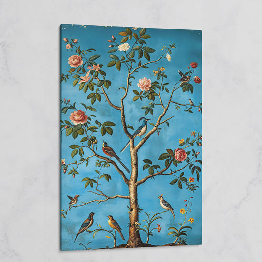 Birds in Blossom Tree Canvas Wall Art, Botanical Portrait Print on gallery wrap