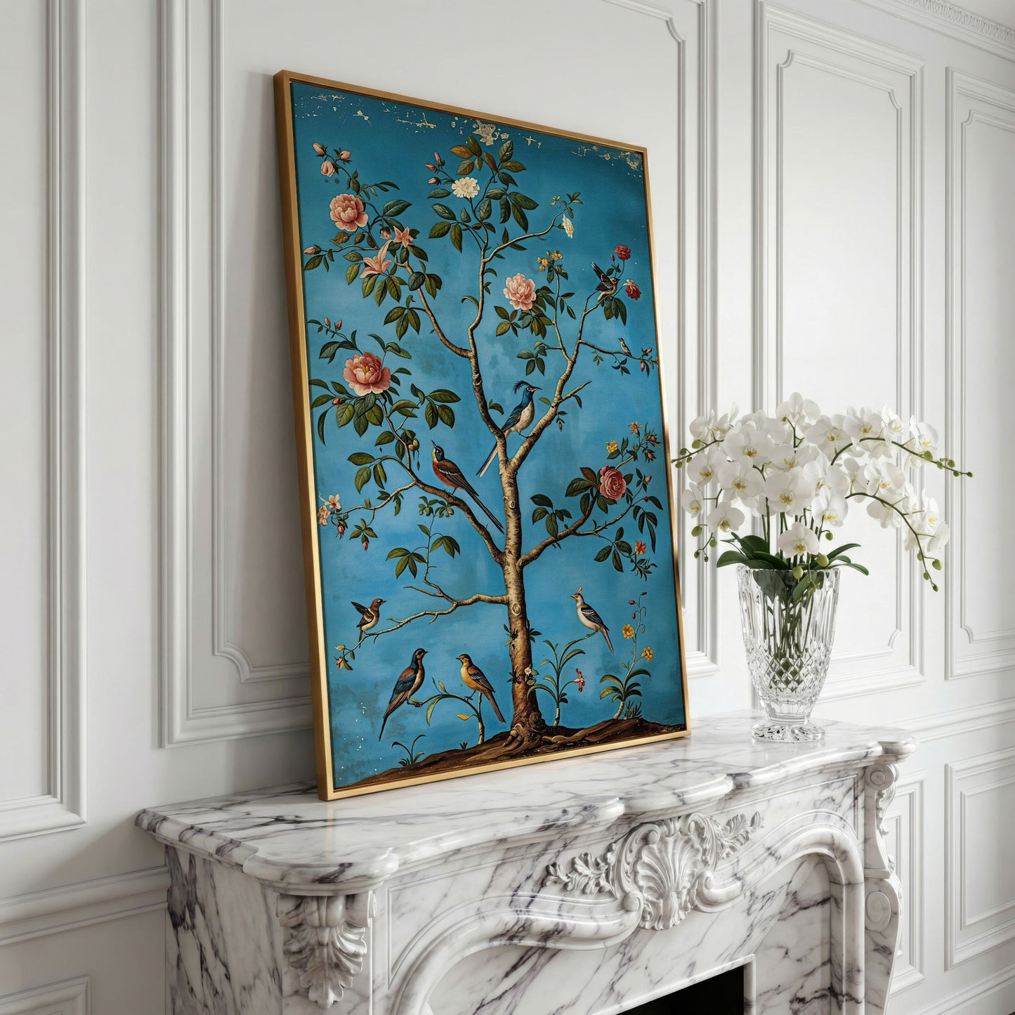 Birds in Blossom Tree Canvas Wall Art, Botanical Portrait Print in yellow gold floating frame
