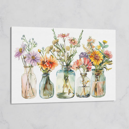 Wildflowers in Glass Jars and Bottles, Floral Still Life Canvas on gallery wrap