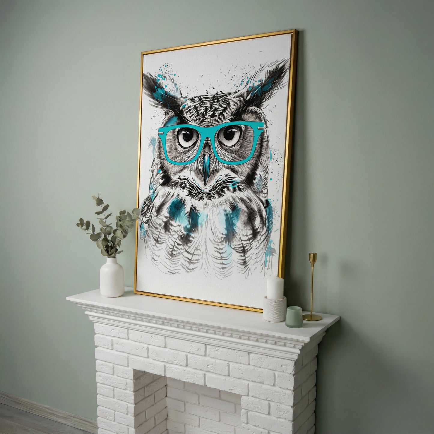 Owl in Turquoise Glasses Portrait Canvas Wall Art in yellow gold floating frame