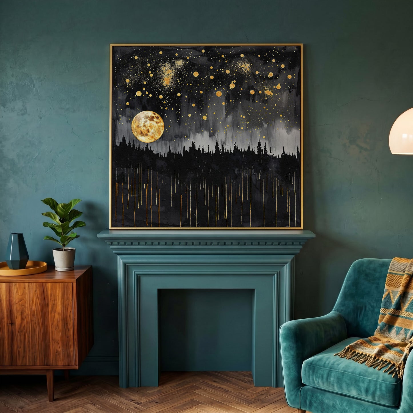 Mystical Moonlit Forest at Night. Square Canvas Wall Art in yellow gold floating frame