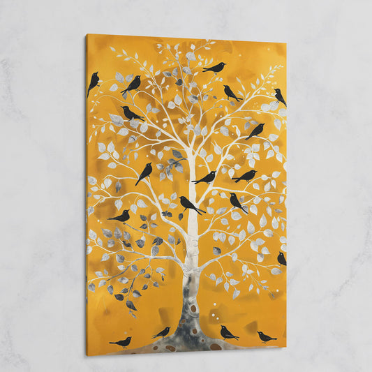 Silver Tree with Black Birds on Gold Canvas Wall Art on gallery wrap