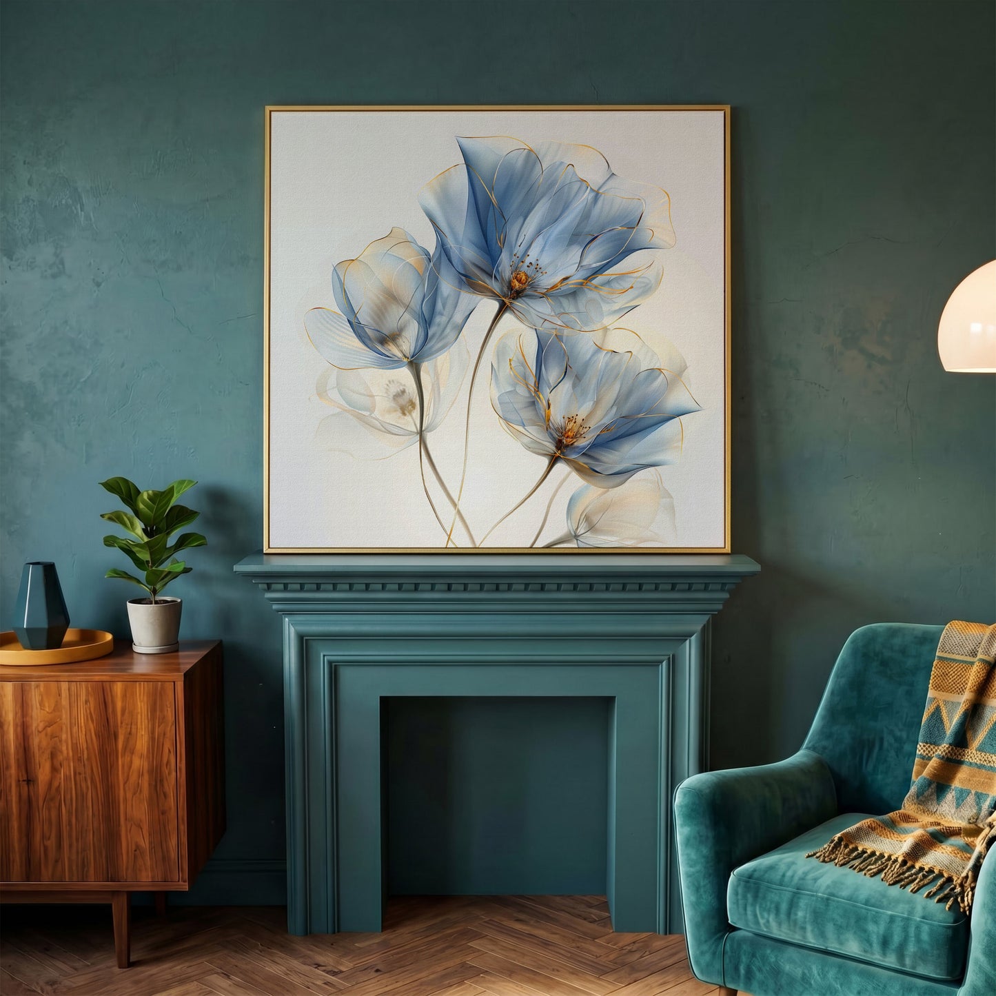 Blue Flowers Abstract Canvas in yellow gold floating frame