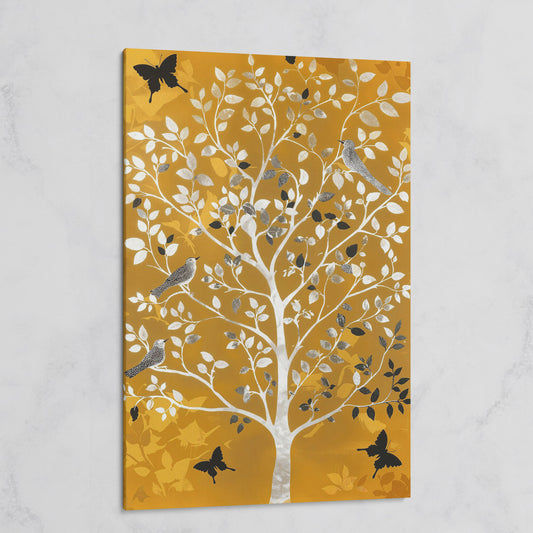 Stylized Tree with Birds and Butterflies, Portrait Canvas Art on gallery wrap