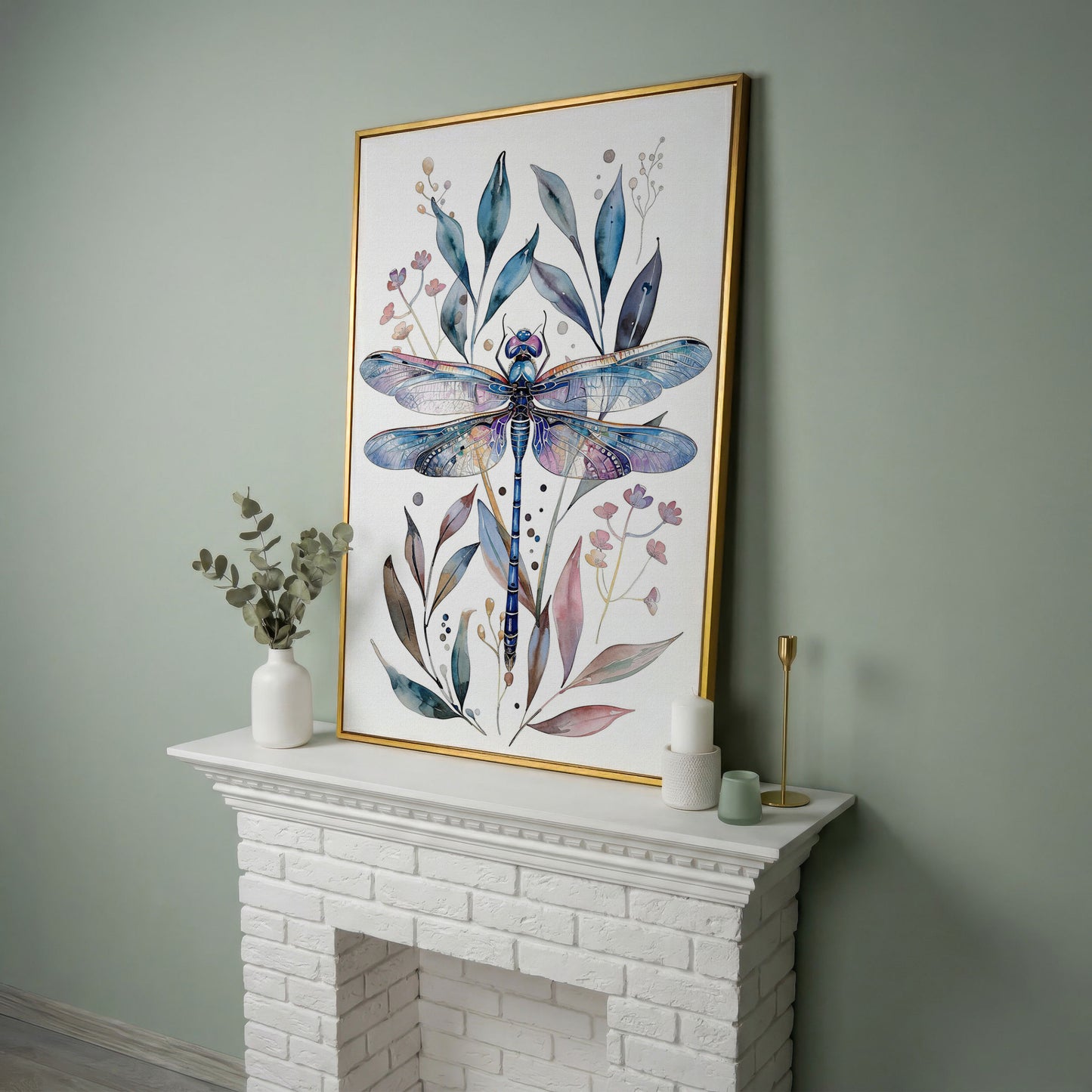 Dragonfly with Botanicals Canvas Print in yellow gold floating frame