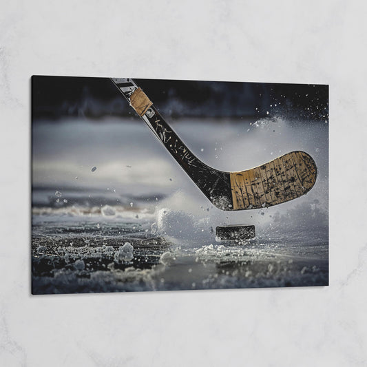 Hockey Stick Hitting Puck on Ice, Dynamic Ice Splash Canvas Art on gallery wrap