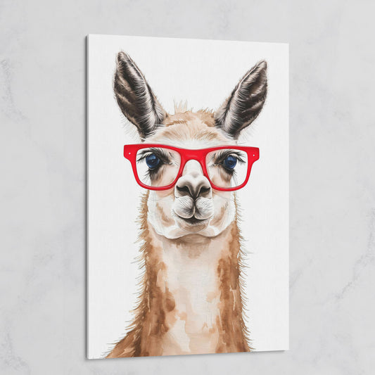 Llama in Red Glasses Canvas Wall Art, Funny Animal Portrait on gallery wrap