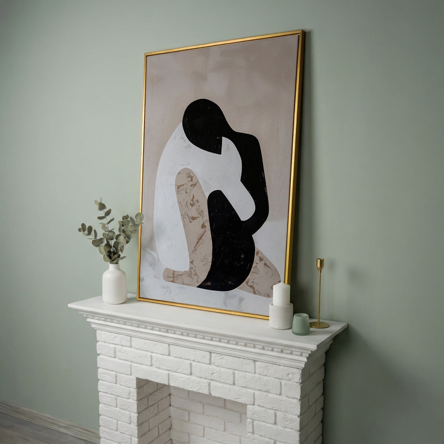 Minimalist Abstract Figure Canvas Art, Black White Beige Portrait in yellow gold floating frame