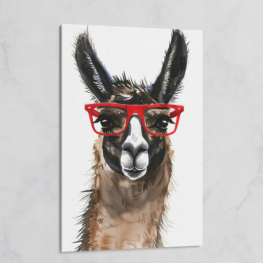 Llama in Red Glasses: Close-Up Portrait Canvas Art on gallery wrap