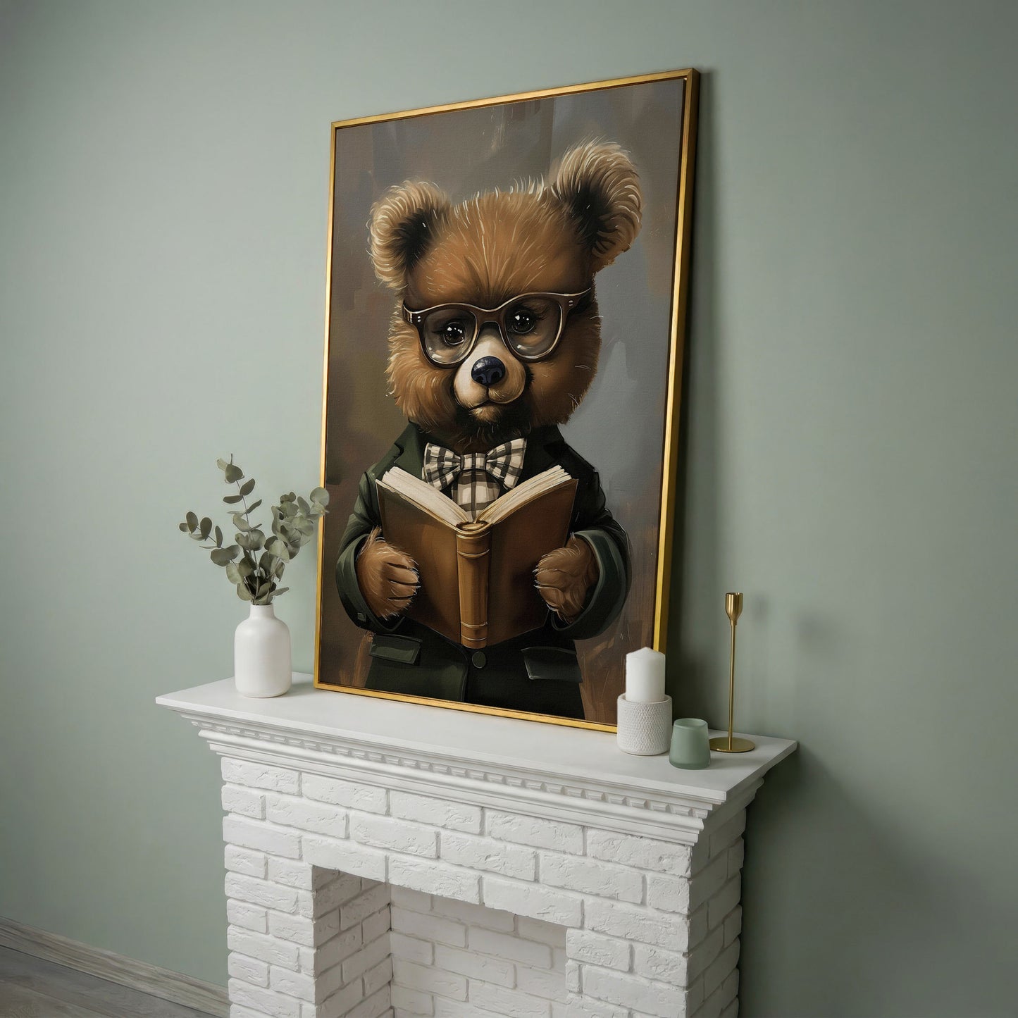 Dapper Bear Reading a Book. Anthropomorphic Animal Canvas Art in yellow gold floating frame