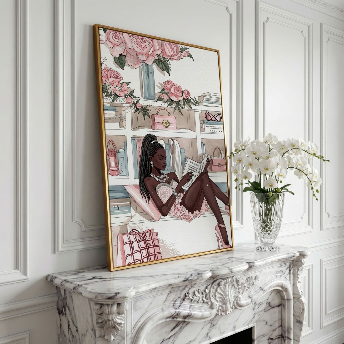 Black Woman Reading Canvas Art, Fashion and Luxury Glam Print in yellow gold floating frame
