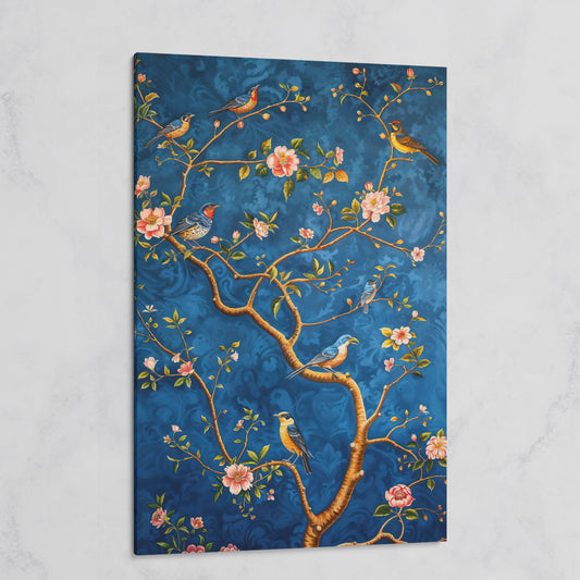 Botanical Birds Canvas Print. Chinoiserie Branch in Teal and Salmon on gallery wrap