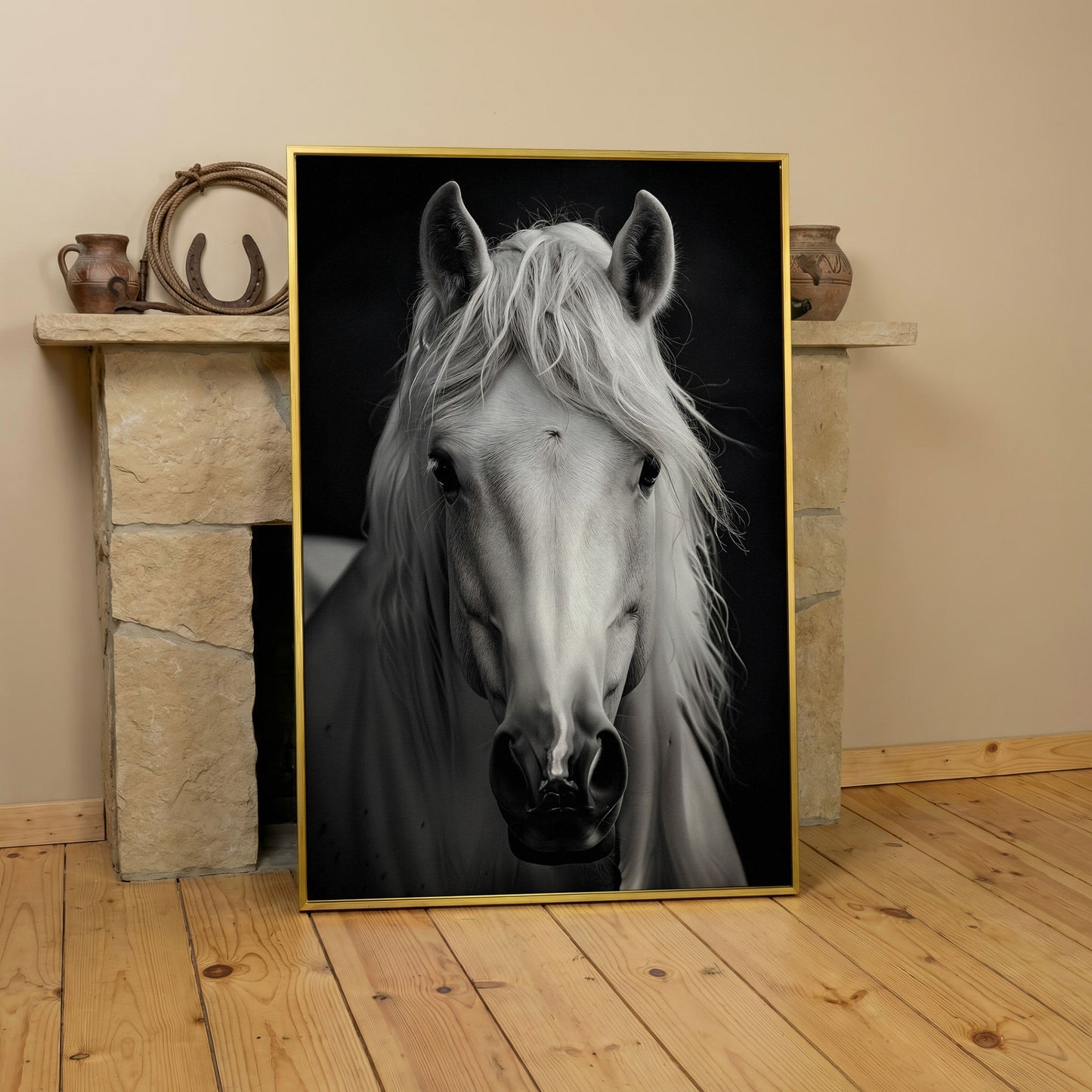 White Horse Portrait Canvas Art, Close-Up Equine Wall Art in yellow gold floating frame