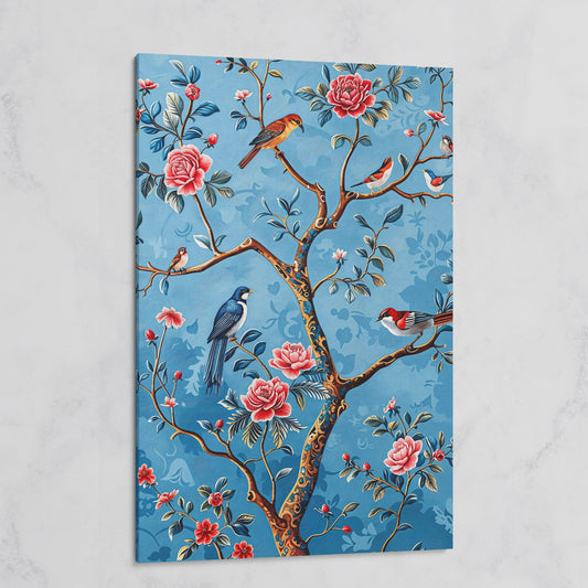 Birds on a Flowering Tree Canvas Art, Portrait Wall Print on gallery wrap