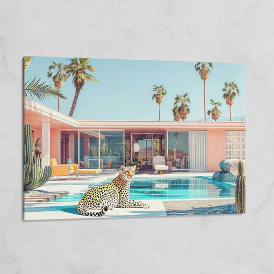 Pink Villa with Cheetah by the Pool Canvas Print on gallery wrap