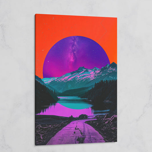 Surreal Mountain Lake Road Under a Starry Sky Canvas Print on gallery wrap