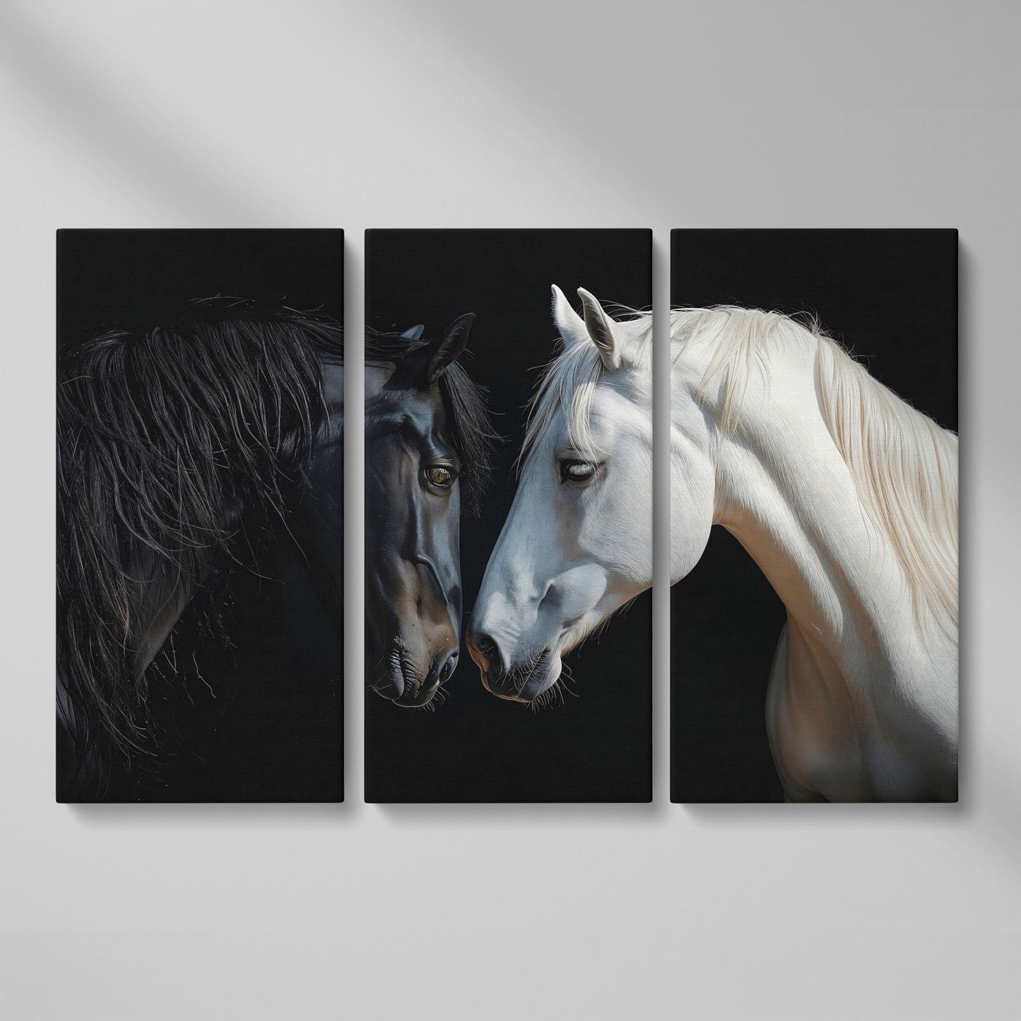 Black and White Horse Portrait Canvas as 3-panel split version