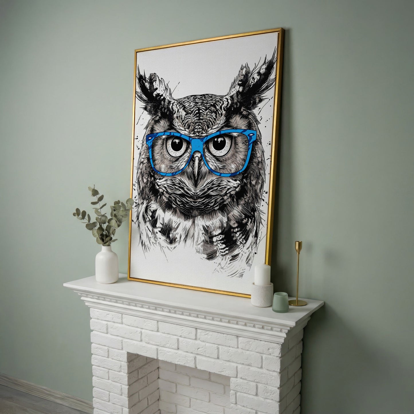 Owl in Blue Glasses Portrait Canvas Art in yellow gold floating frame