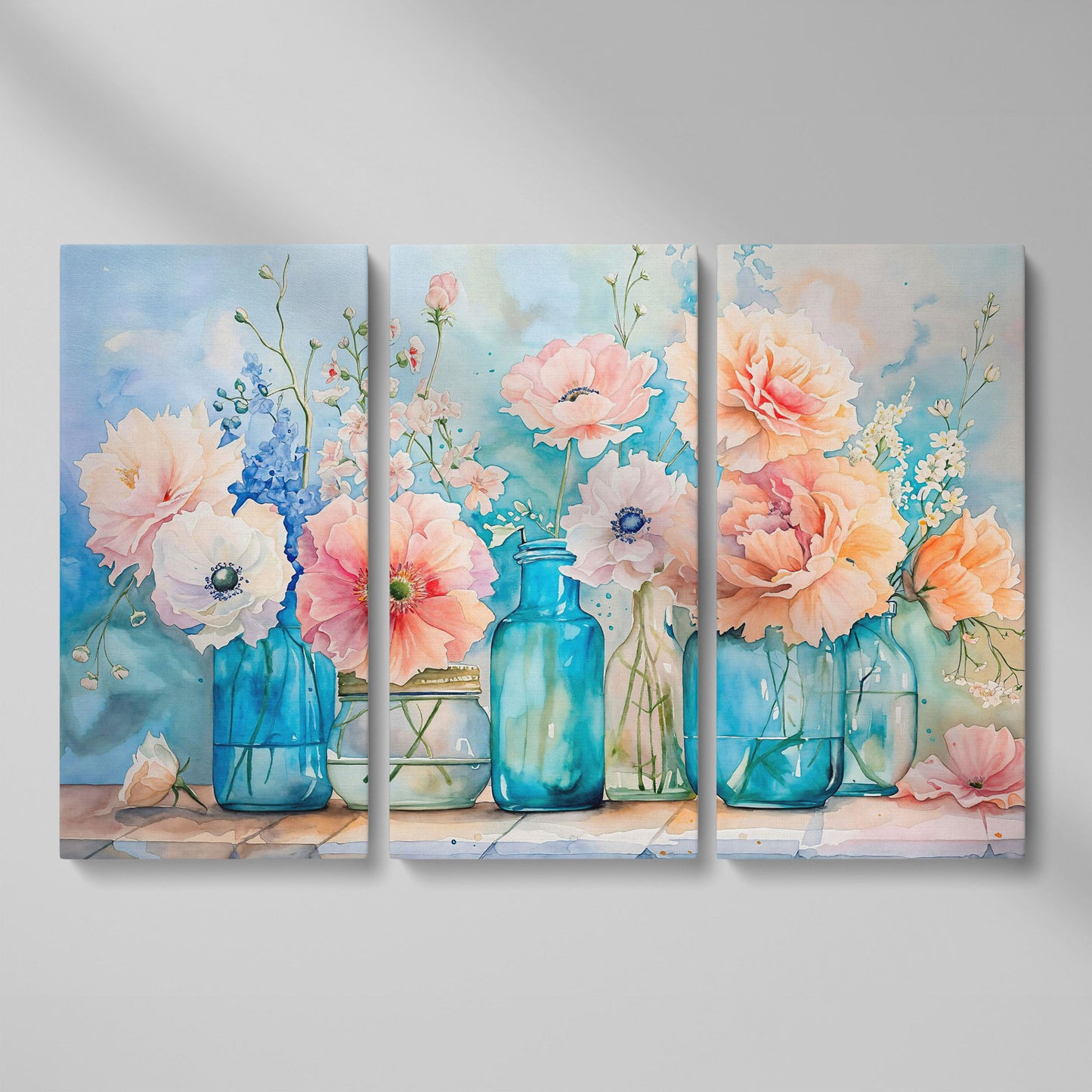 Floral Still Life in Glass Vases, Watercolor-Style Canvas Art as 3-panel split version