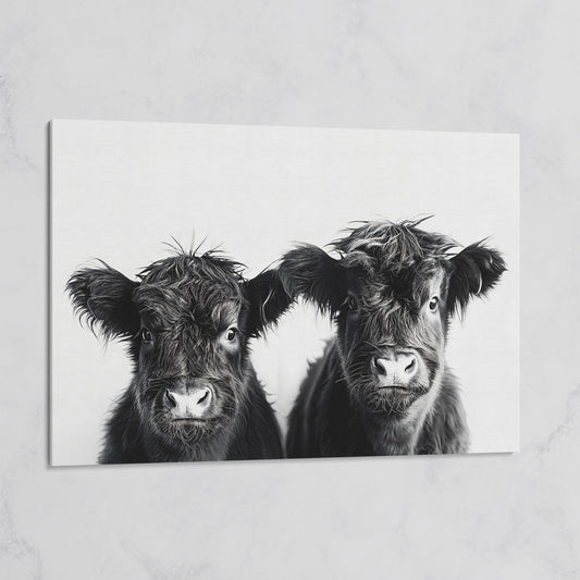 Two Highland Calves Face-On, Black and White Canvas Art on gallery wrap