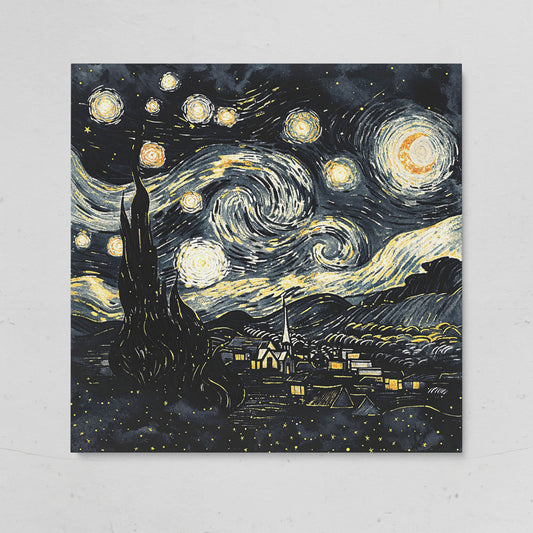 Swirling Night Sky Over a Village, Van Gogh Style Canvas Art on gallery wrap
