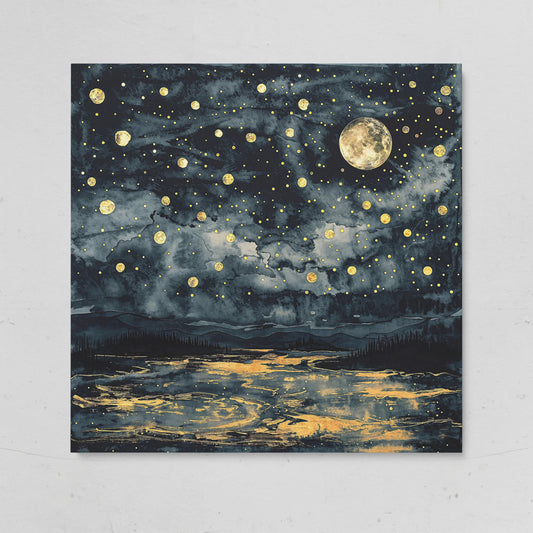 Full Moon Over Still Water. Celestial Night Canvas Art on gallery wrap