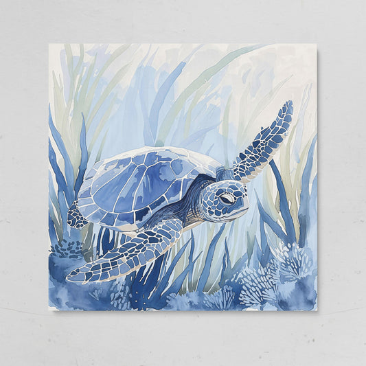 Sea Turtle Canvas Print in Blue Tones on gallery wrap