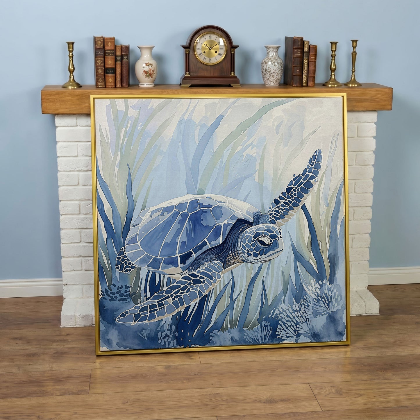 Sea Turtle Canvas Print in Blue Tones in yellow gold floating frame