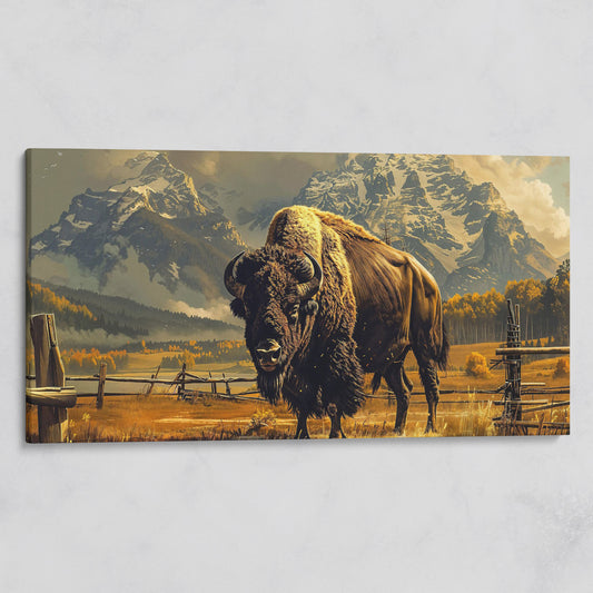 Bison in the Field, Snowy Mountains Canvas Wall Art on gallery wrap