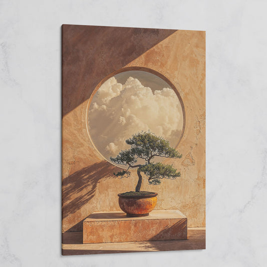 Bonsai and Cloudscape Canvas Art, Zen Minimalist Portrait Print on gallery wrap