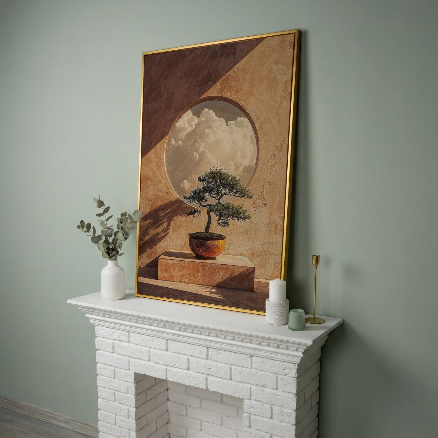 Bonsai and Cloudscape Canvas Art, Zen Minimalist Portrait Print in yellow gold floating frame