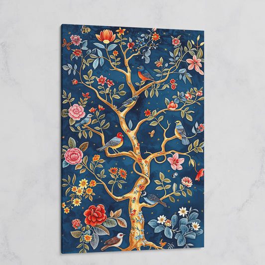 Navy Tree of Life with Coral Birds and Golden Leaves Canvas on gallery wrap
