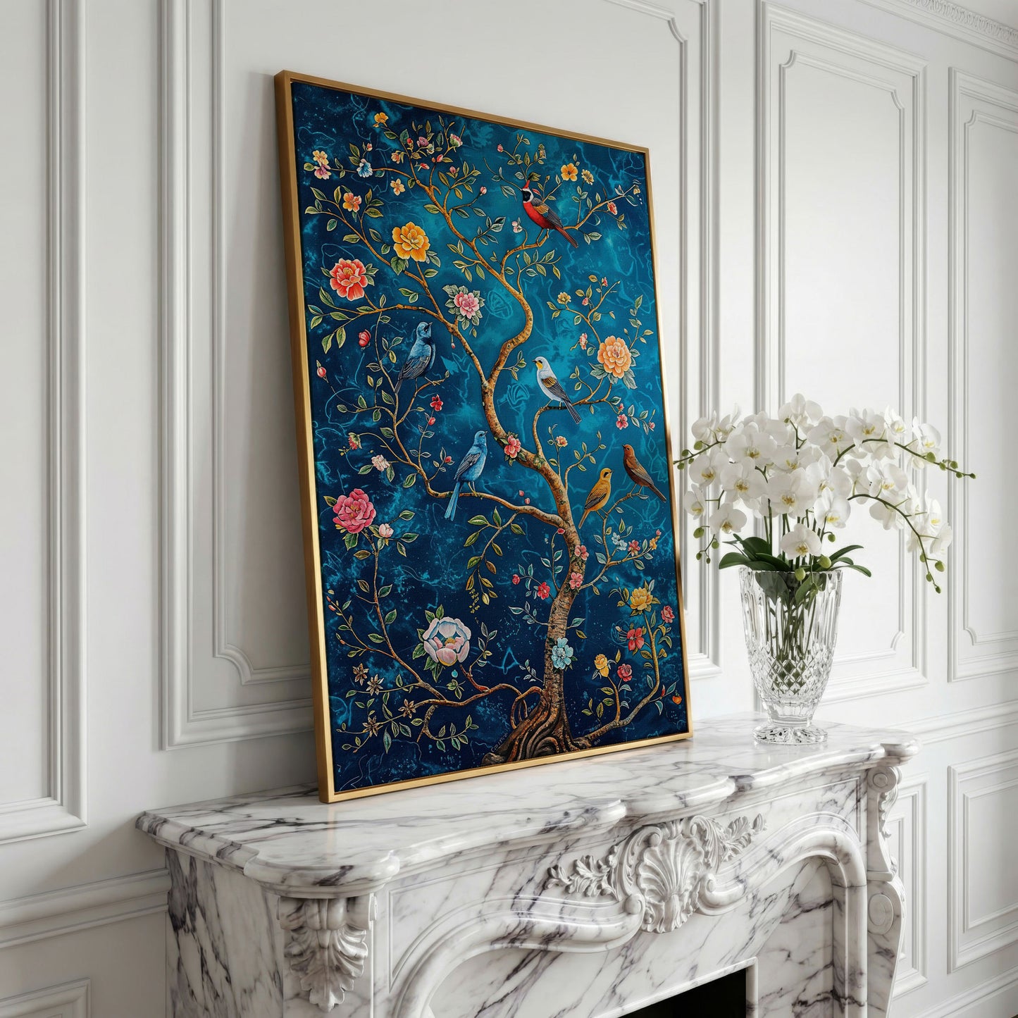 Songbirds on Branches Canvas Print in yellow gold floating frame