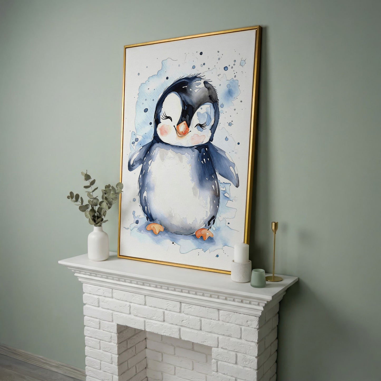 Baby Penguin Watercolor Canvas for Nursery in yellow gold floating frame