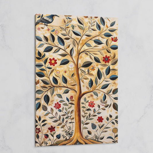 Tree of Life with Birds and Red Blooms Canvas on gallery wrap