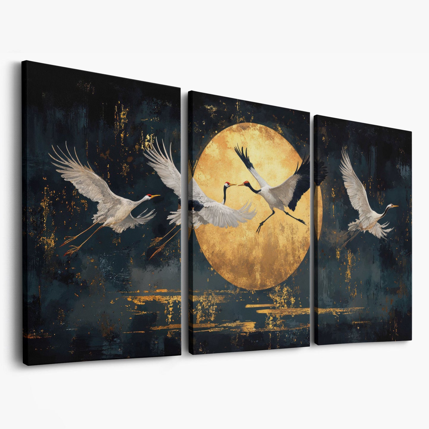Cranes in Flight Japanese Canvas Print as 3-panel split version