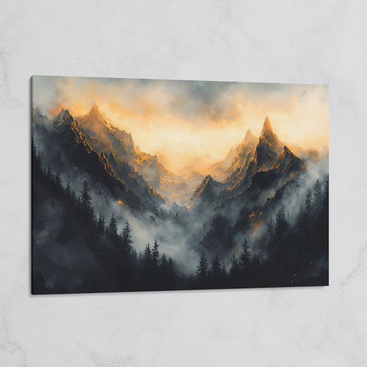 Misty Mountains with Dark Forest Canvas Print on gallery wrap