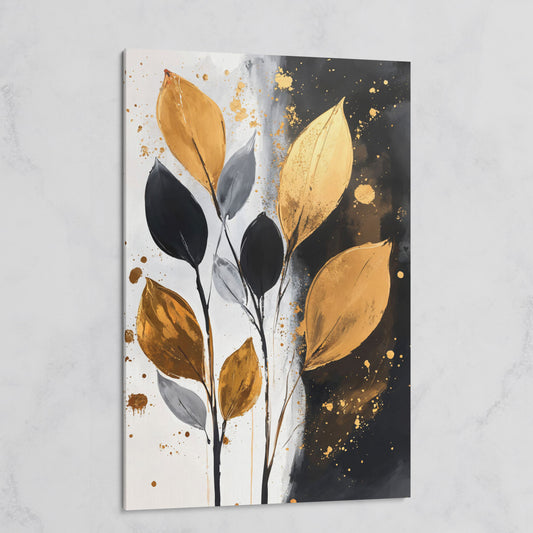 Abstract Leaf Canvas Print in Black, White & Gold on gallery wrap