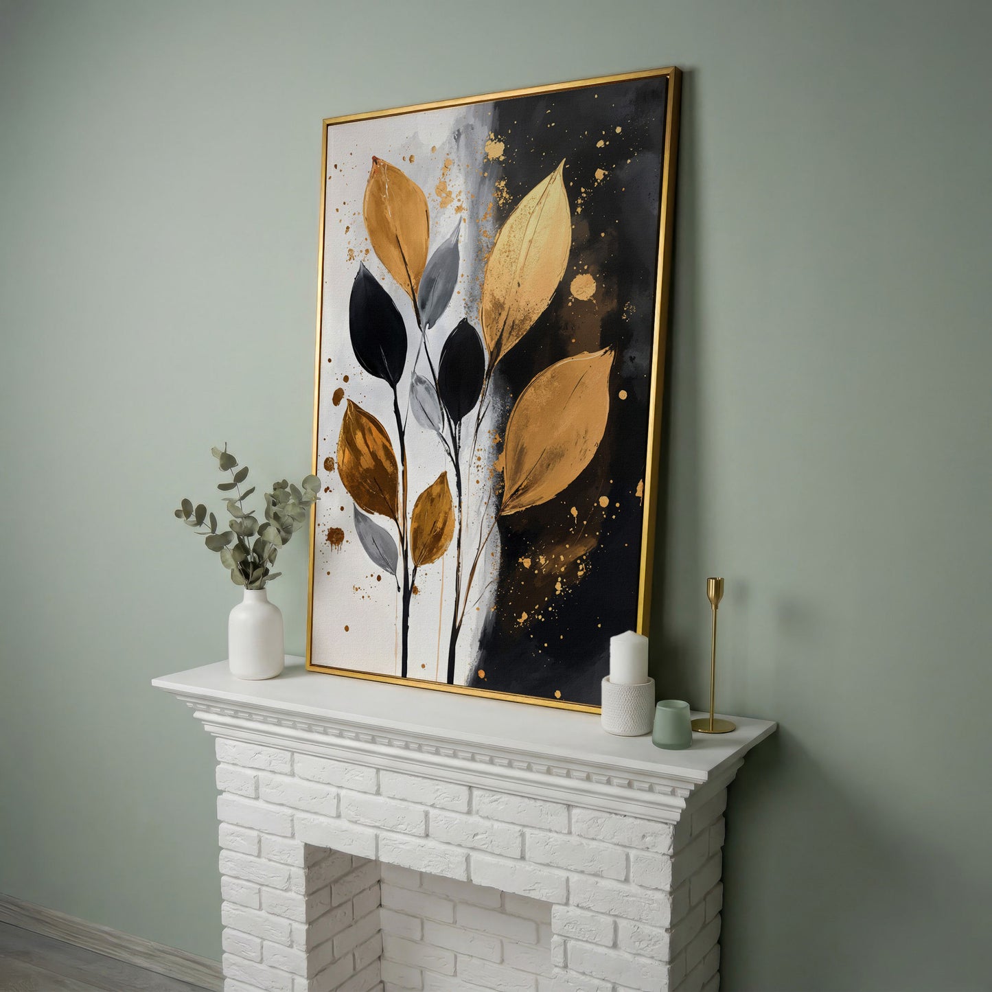 Abstract Leaf Canvas Print in Black, White & Gold in yellow gold floating frame